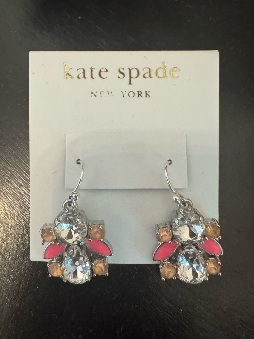 kate spade silver-tone crystal and pink accent dangle earrings